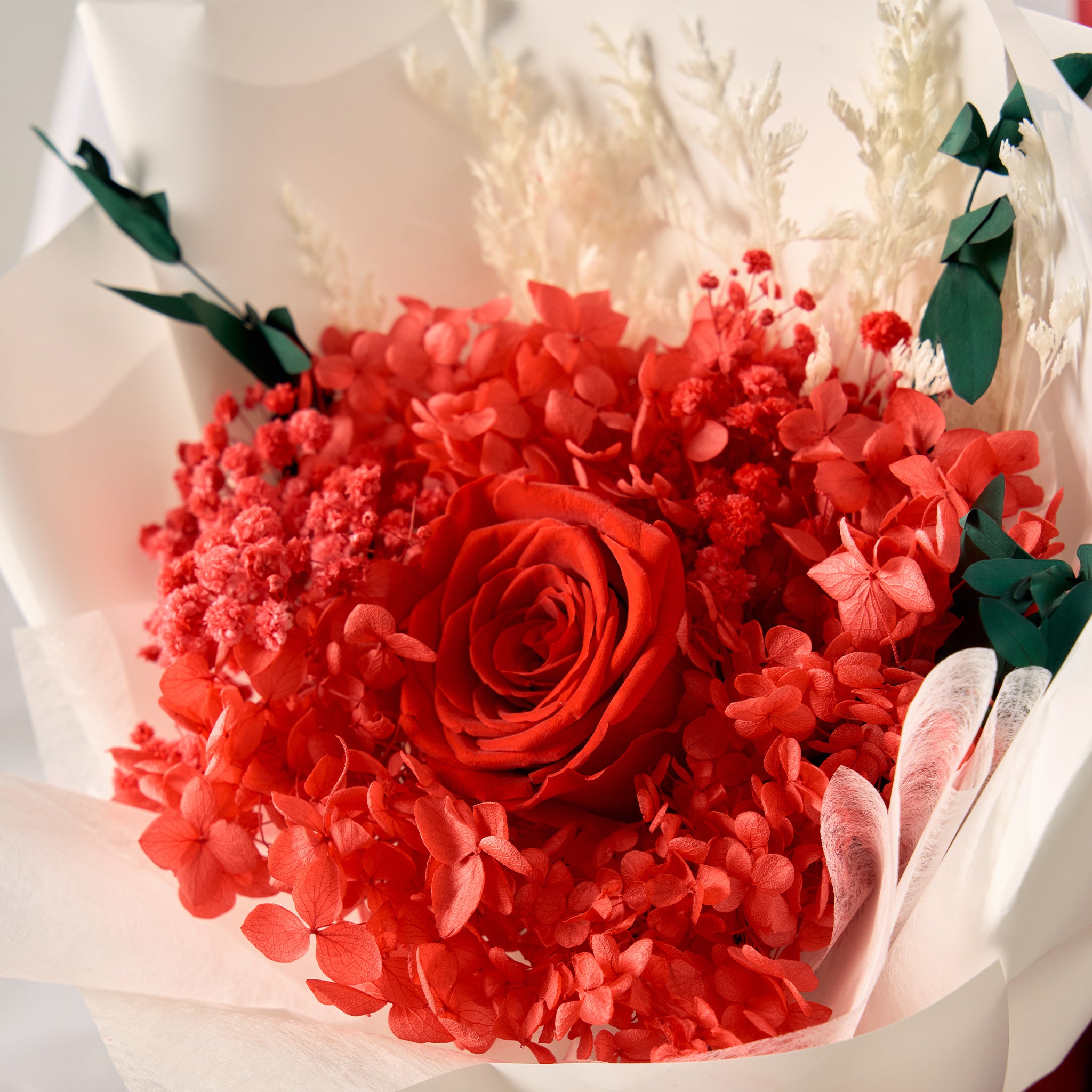 Preserved Rose with Hydrangea – Deep Red (1 Stalk)