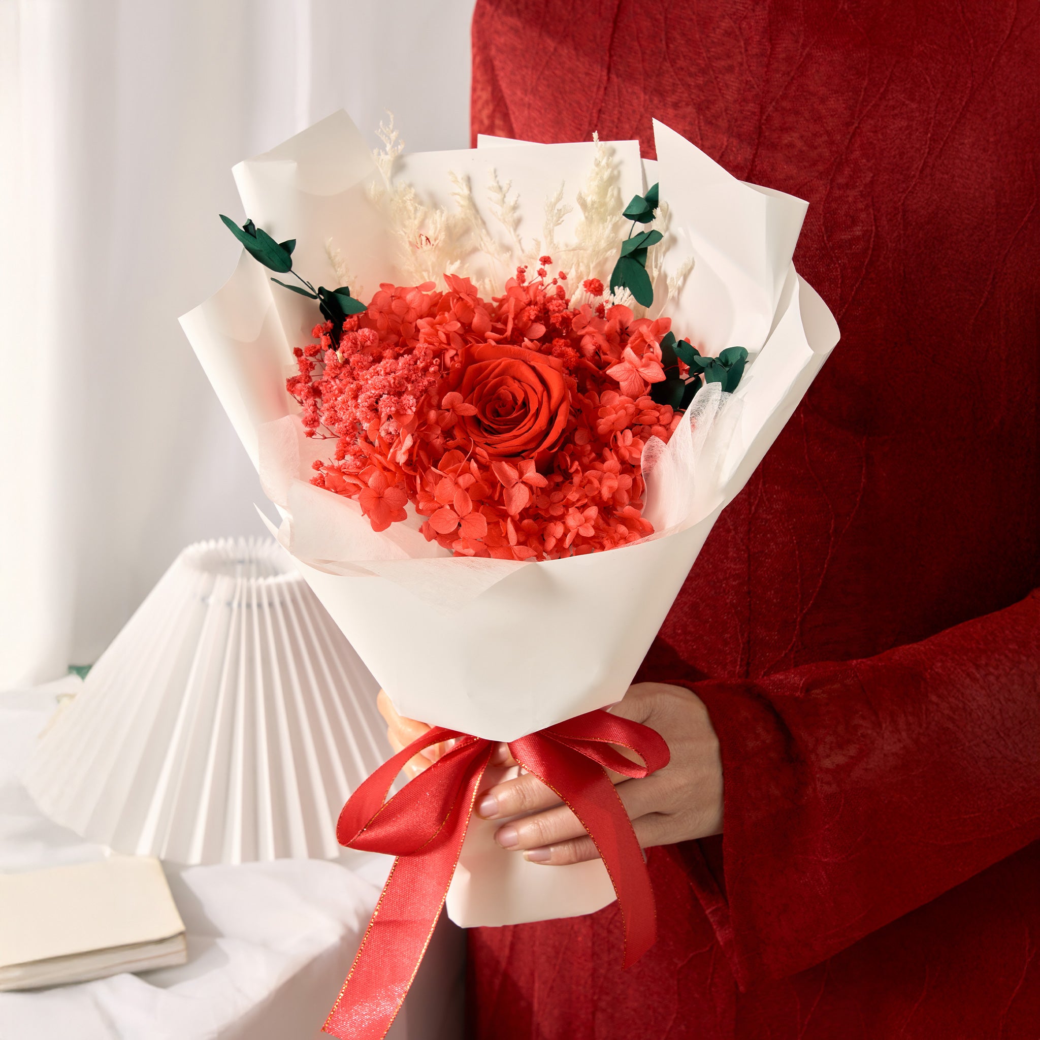 Preserved Rose with Hydrangea – Deep Red (1 Stalk)