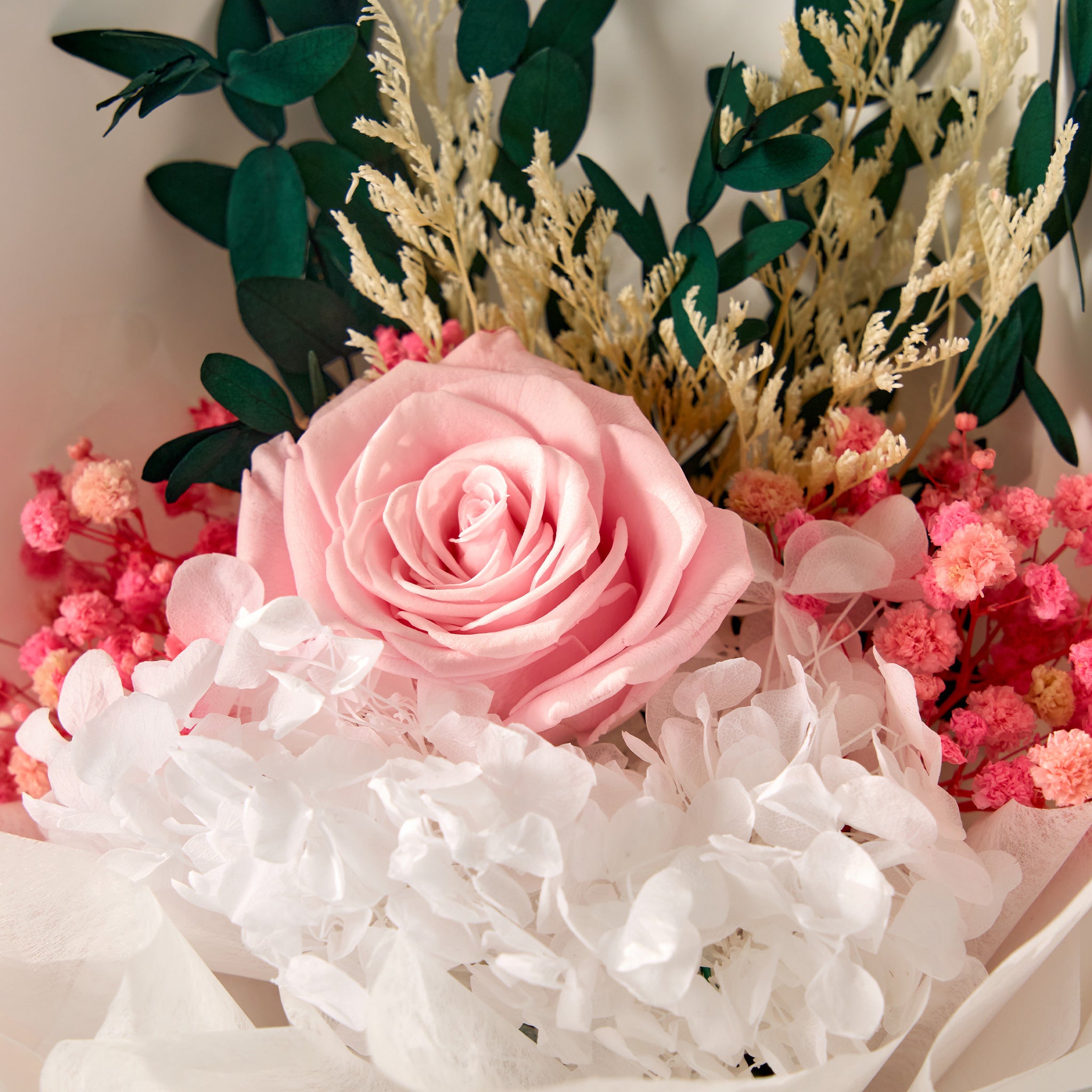 Preserved Rose with Hydrangea – Pastel Pink (1 Stalk)