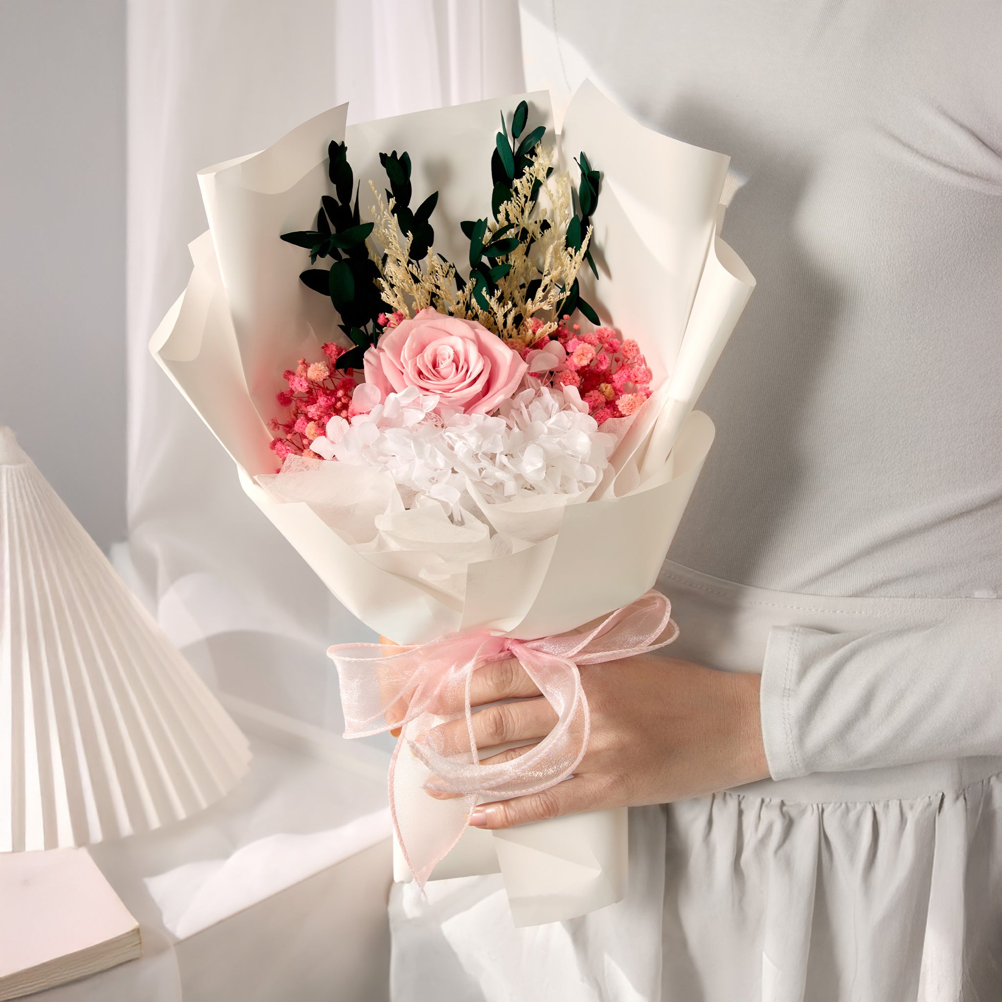 Preserved Rose with Hydrangea – Pastel Pink (1 Stalk)