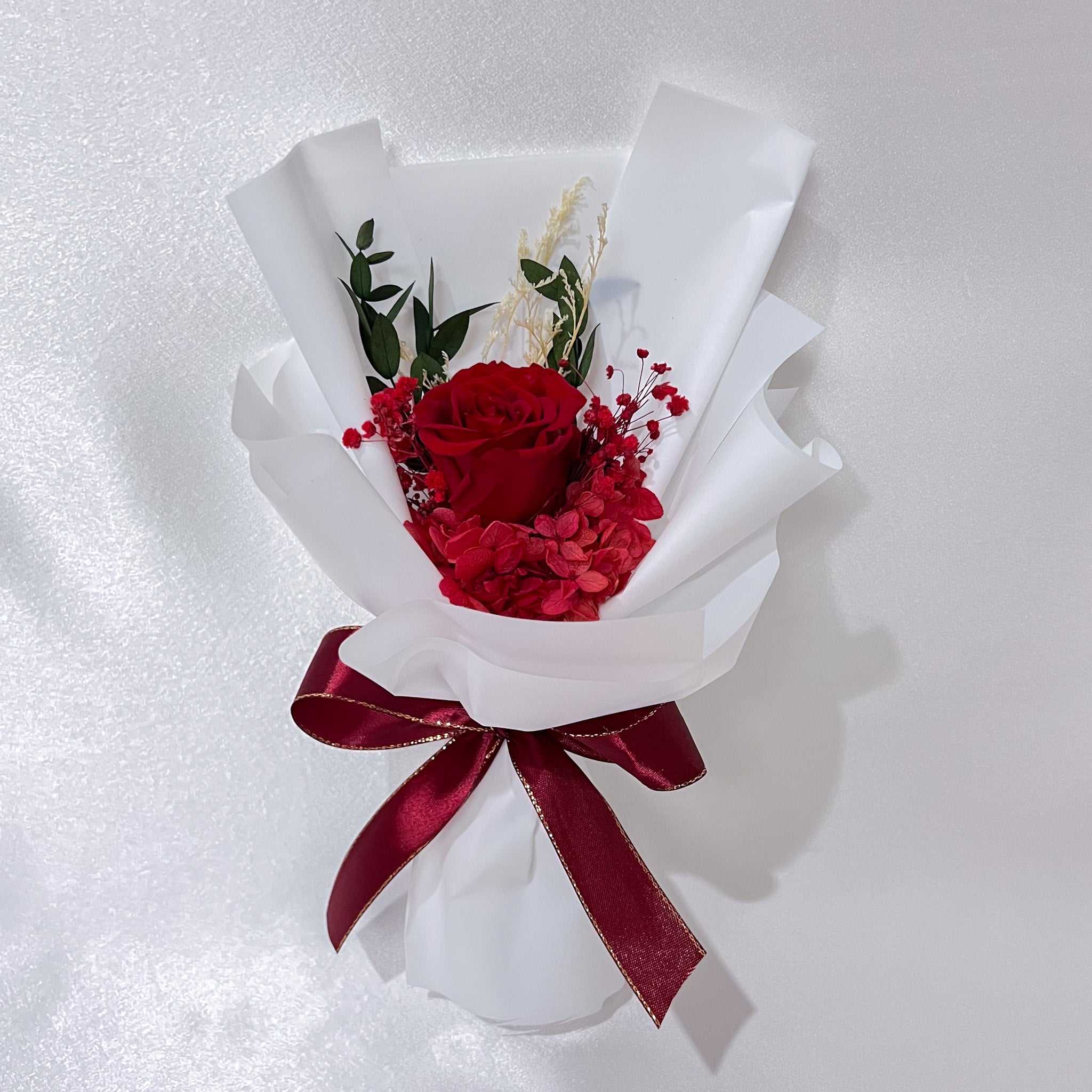 Preserved Rose with Hydrangea – Deep Red (1 Stalk)
