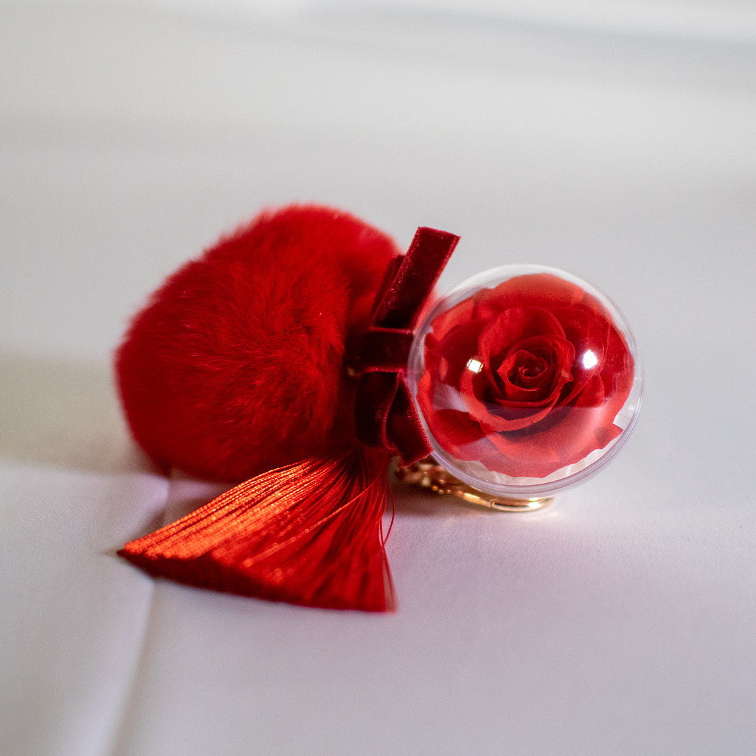 Preserved Rose Bag Charm with FurBall