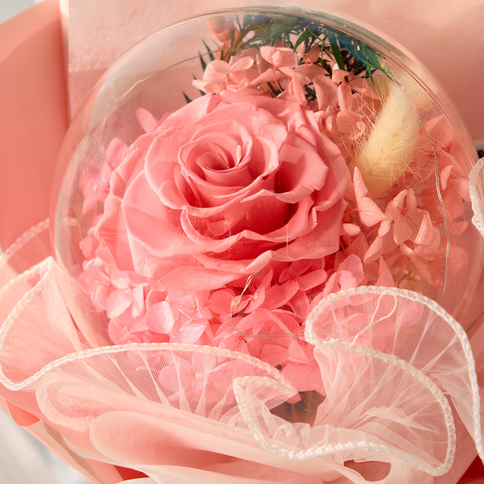 Pink rose in a transparent acrylic ball with pink ribbon wrapped with a pinkish peach wrapping paper