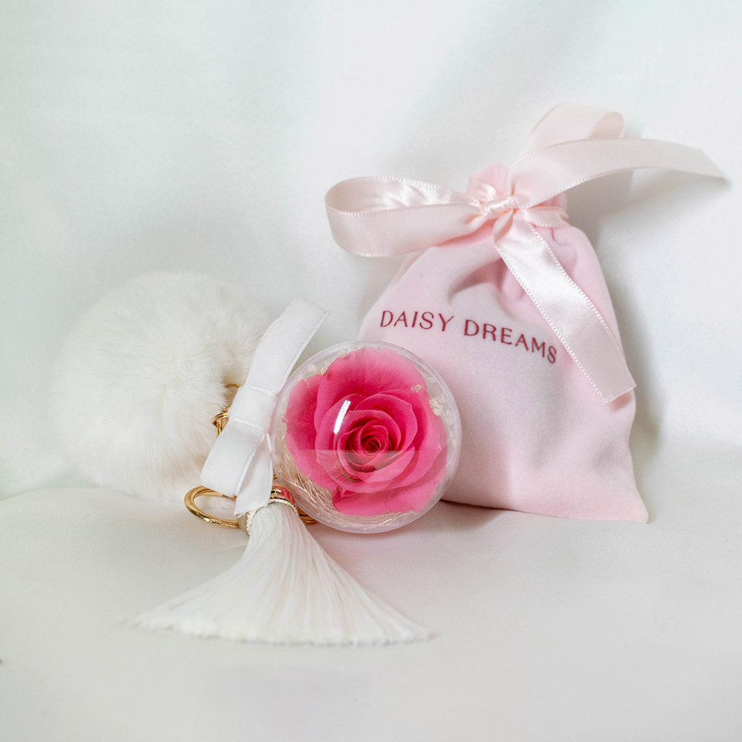Preserved Rose Bag Charm with FurBall